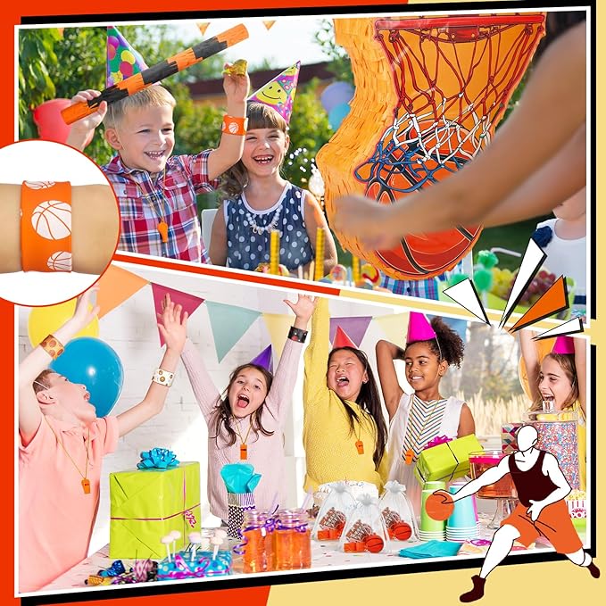 152 Pcs Ball Piñata Ball Party Supplies with Blindfold and Stick for Kids Birthday Party Decorations Foam Stress Balls Slap Bracelets Whistle Ball Favors for Boys Girls(Basketball)