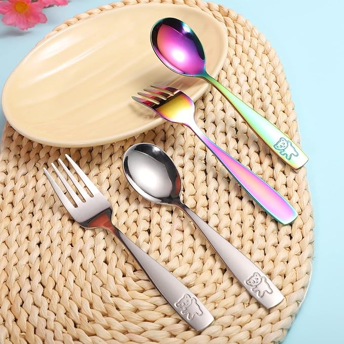 Pimoys 6 Pieces Toddler Utensils Kids Rainbow Silverware Stainless Steel Toddler Forks and Spoons Set, Metal Childrens Safe Flatware Child Cutlery Set, Dishwasher Safe