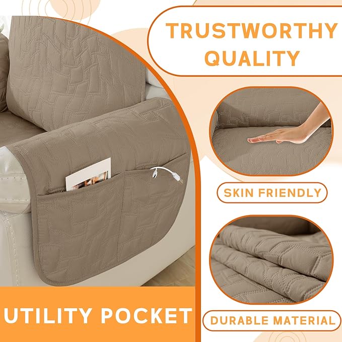 XINEAGE 100% Waterproof Recliner Chair Covers with Elastic Straps, Nonslip Reclining Couch Covers Washable Recliner Couch Cover with Pockets Furniture Protector for Pets Dogs (Light Coffee, 30")