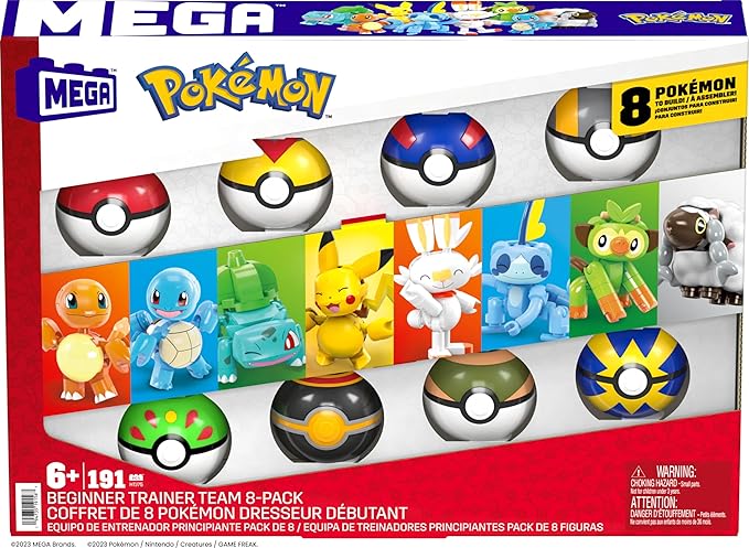 Mega Pokemon Trainer Starter Pack 8 Pokeballs with Characters, 191 Building Blocks, Includes Bulbasaur, Charmander, Squirtle and Pikachu Among Others, Toy +6 Years (HTJ75)
