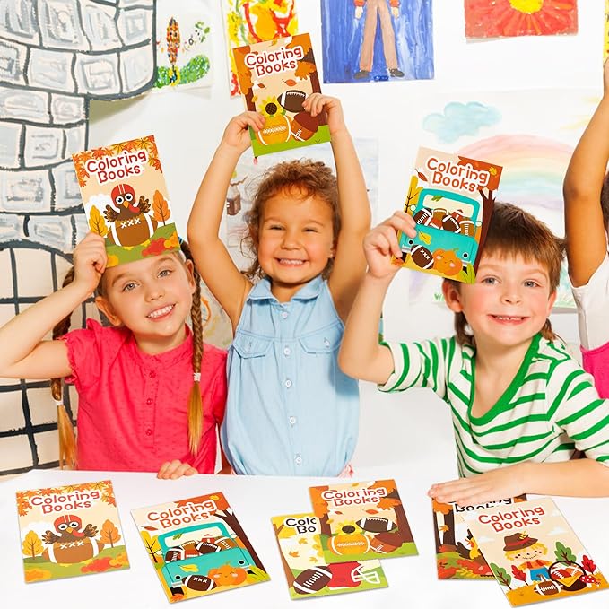 Dvbonike 24Pcs Fall Football Coloring Books Thanksgiving DIY Color-in Pages Maple Leaves Pumpkin Turkey Drawing Booklet Party Favors Gifts Home Classroom Art Activity Supplies for Kids Toddlers
