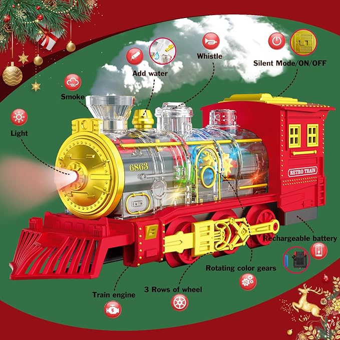 Electric Train Set Christmas Train Toys for Boys with Smokes, Lights and Sound (ON/Off) Rechargeable Train Set Under Christmas Tree, Toddler Model Trains for 3 4 5 6 7 8+ Years Old Kids Gifts