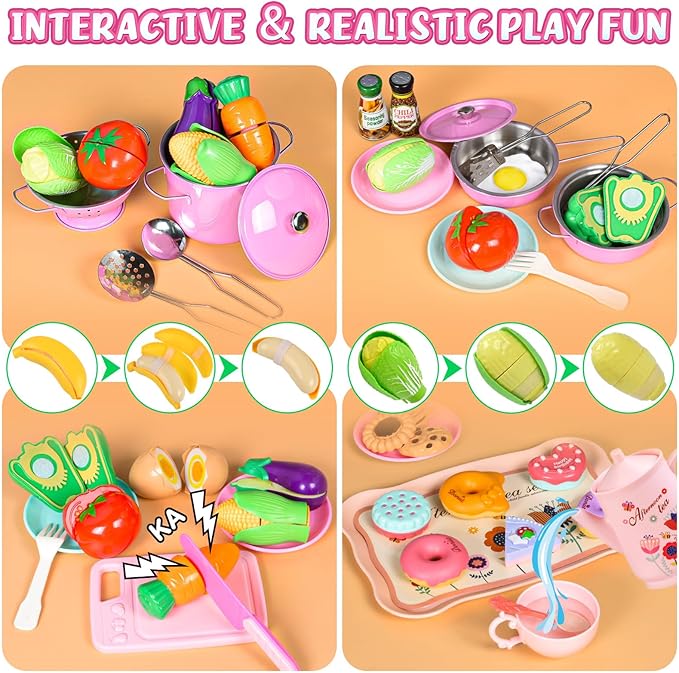 121Pcs Play Kitchen Accessories, Kids Kitchen Playset, Pretend Play Food Tea Party Set, Toy Kitchen Kids Cooking Real with Apron＆Chef Hat, Utensils Cookware Pots＆Pans, Toy Organizer, Toddler Toys Gift