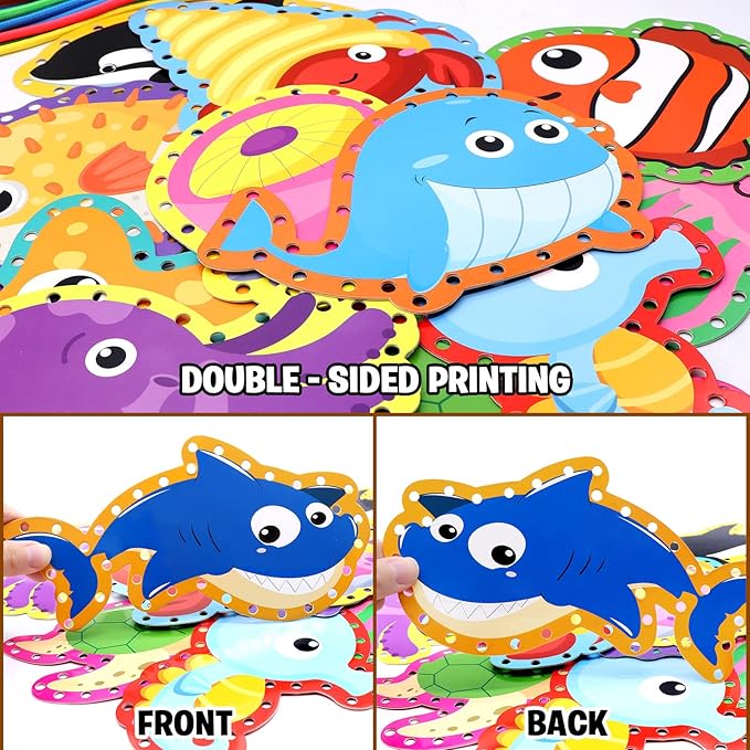 Omlisca Sea Animals Lacing Cards Sewing Cards 12 Pack Shark Whale Ocean Theme Party Decor Double Sided Cardboard Lacing Playing Games for Preschool Home Developing Imagination Education Supplies