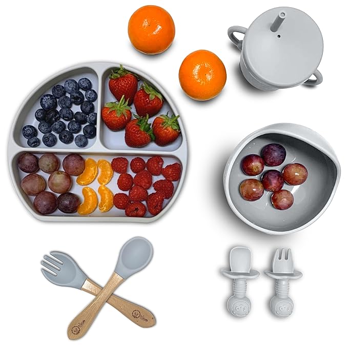 O'doe 17-Piece BPA-Free Silicone Baby Feeding Set | Thick & Soft Suction Plates, Baby Bowls, Wooden Fork & Spoon, and More | Make Mealtime Fun and Easy for Your Little One (Grey, V2)