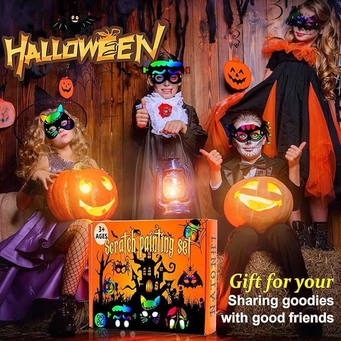 Natonhi 32Pcs Halloween Crafts for Kids Rainbow Scratch Mask, Halloween Games Scratch Art and Craft Kit Halloween Classroom Activities Favors Party Supplies