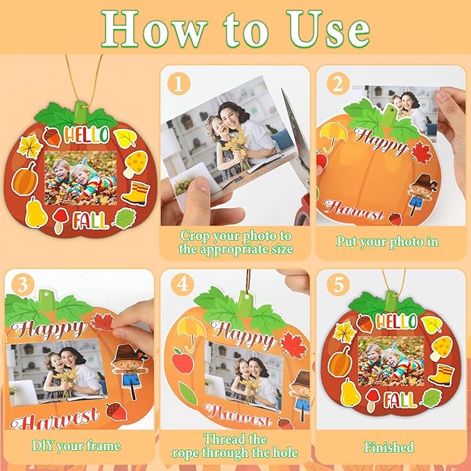 Qyeahkj 36 Sets Fall Thanksgiving Craft for Kids DIY Autumn Pumpkin Picture Frame Craft Kit with Easel Fun Photo Frame Craft and Arts Kit for Home Class Kindergarten Party Art Activity
