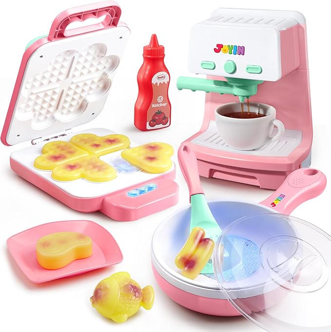 Play Kitchen Toys with Realistic Lights& Sounds, Pretend Play Toy Set for Girls Boy, Color Changing Breakfast Playset, Christmas Birthday Gift for Kids, Pink