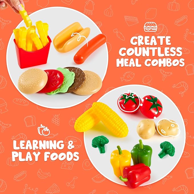 JOYIN 200 Pieces Kids Play Food Toy, Deluxe Pretend Play Set, Kids Kitchen Accessories with Realistic Colors, Toddler Birthday Gift, Party Toys