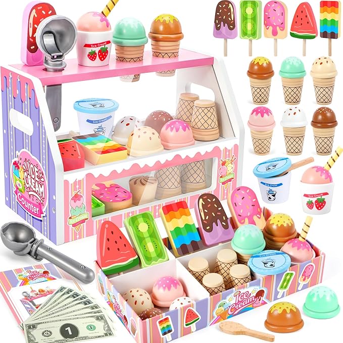 Ice Cream Toy, Wooden Ice Cream Toys for Kids Toddlers, Pretend Play Kitchen Food Toys, Ice Cream Counter Shop Playset for Kids, Kids Ice Cream Cart, Toys for 3 4 5 6 7 8 Year Old Girls Boys