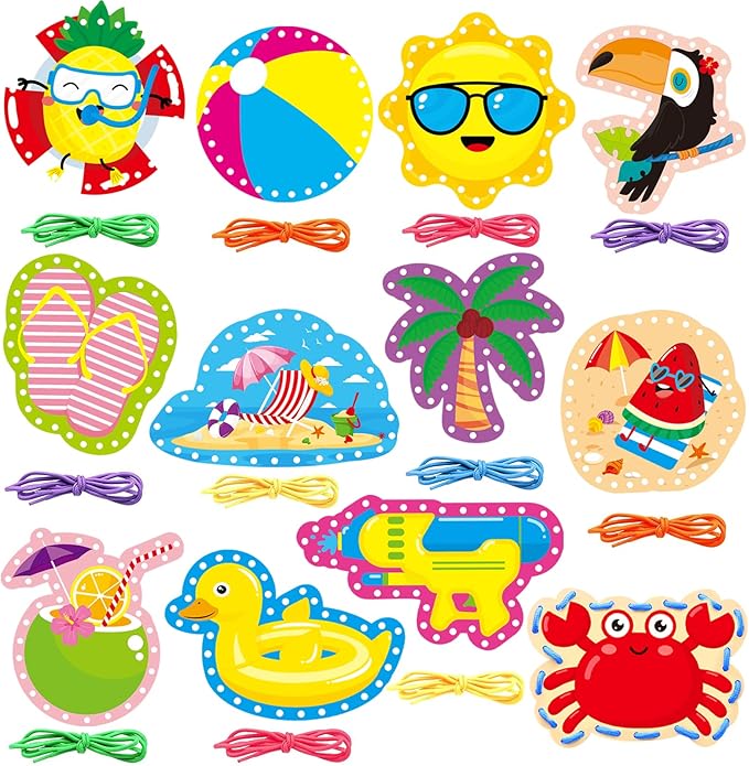 Summer Lacing Cards Sewing Cards 12 Pack Beach Theme Pool Party Decoration Double Sided Cardboard Lacing Playing Games for Kids Toddler Preschool Home Developing Imagination Education Supplies