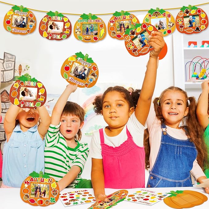 Qyeahkj 36 Sets Fall Thanksgiving Craft for Kids DIY Autumn Pumpkin Picture Frame Craft Kit with Easel Fun Photo Frame Craft and Arts Kit for Home Class Kindergarten Party Art Activity