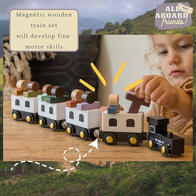 Wooden Train Set - Train Toys Magnetic - Toy Train Sets for Kids Toddler Boys and Girls | Compatible w/Wooden Train Tracks -All Aboard, Friends!
