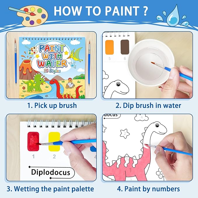 SOCOLER Paint with Water Coloring Books for Toddlers, Dinosaur Mess Free Watercolor Painting Papers for Kids Water Color Paint Kit with 2 Brushes Art Craft Birthday Gift for Ages 1-3, 4-8