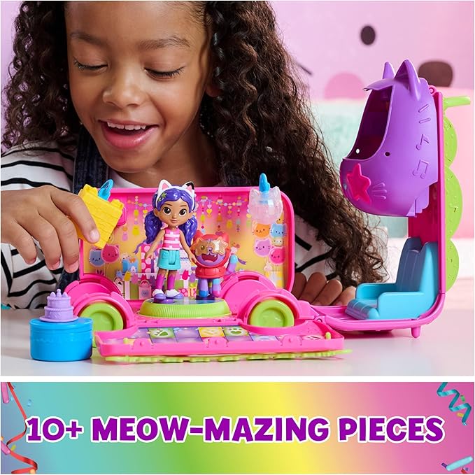 Gabby's Dollhouse Celebration Party Bus, Transforming Playset with Gabby & DJ Catnip Toy Figures & Dollhouse Accessories, Kids Toys for Ages 3 and Up