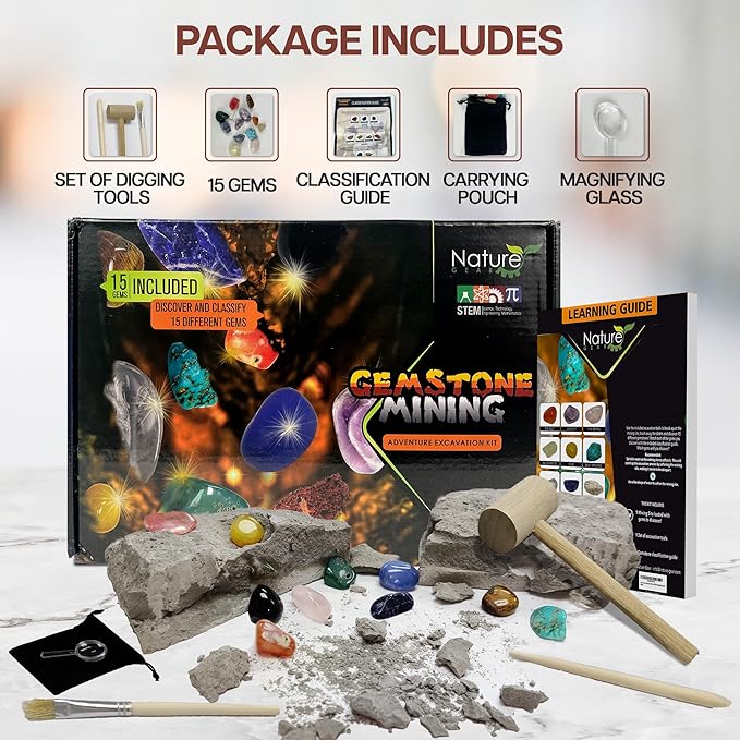 Nature Gear Gemstone Dig Kit for Kids, Educational Crystal Excavation Kit with 15 Mystery Gems, Interactive Adventure Fossil Mining Toy for Kids Age 3-5 and Up