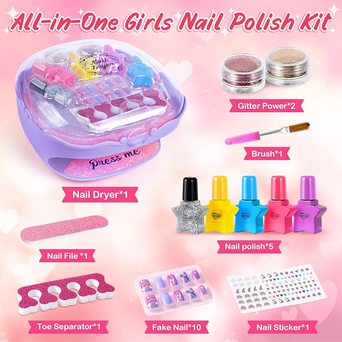Shemira Nail Polish Kit for Girls Ages 7-12 Years Old, Nail Art Toy for Girls 5 6 7 8 9 10 11 12 Years Old, Nail Art Studio with Purple Nail Dryer for Girls, Christmas & Birthday Gifts for Girls