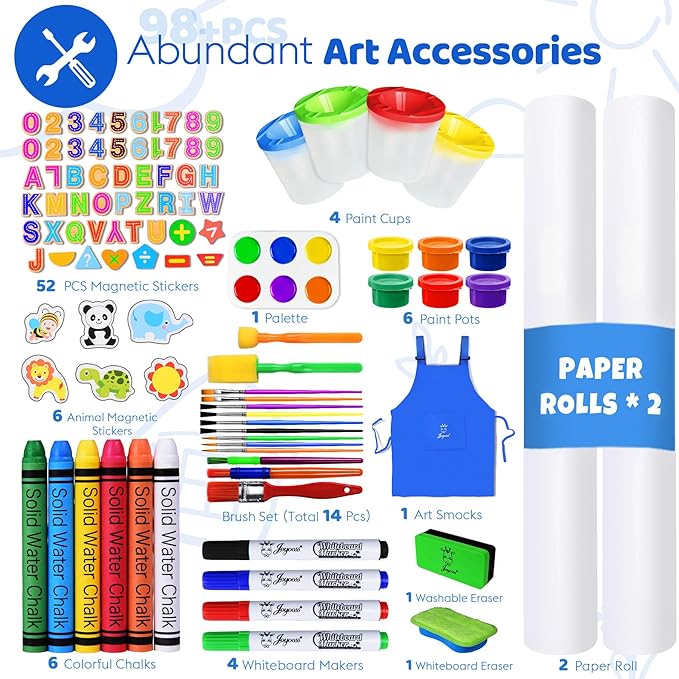 Joyooss Art Easel for Kids, Adjustable Standing Kids Easel with Magnetic Whteboard & Chalkboard, Magnetic Board for Kids Art Easel Kids with 2 Paper Rolls, Finger Paints, Letters & Numbers Magnets