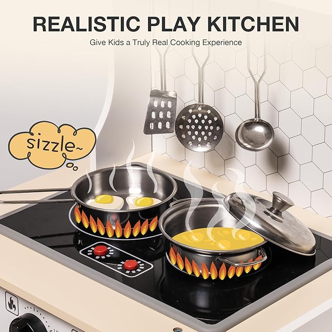ROBUD Play Kitchen for Kids, Wooden Play Kitchen Set with Sounds & Lights, Modern Vintage Pretend Play Kitchen Set for Toddlers, Gift for Boys & Girls, 3+ (Gray)