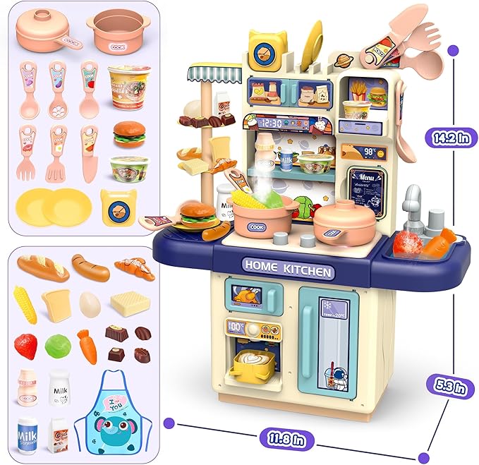 Mini Kids Kitchen Playset with Apron, Play Kitchen Toy with Realistic Steam and Lights, Play Sink and Toy Kitchen Accessories, Pretend Play Gift for Toddlers 3-5 Boys Girls (Blue)