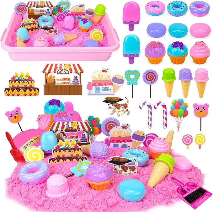 Hymaz Ice Cream Sensory Bin, 32 pcs Pink Sensory Bins for Kids 5-7, Kids Play Sand for Sandbox Toys, Sandbox with lid, Ice Cream & Cakecup, Kid Sensory Sand kit Birthday Gift for Toddler Age 3-8