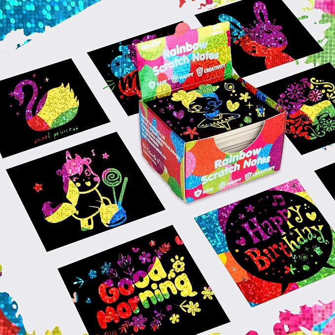 Scratch Art Mini Notes: 160 Holographic Rainbow Scratch Paper Magic Craft Card DIY Kit Supplies Party Favor Gift Toy for Kid Art Craft Bulk Set for Girl Boy Birthday Halloween Stocking Stuffer