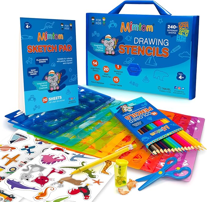 Mimtom Drawing Stencil Kit for Kids, 51 PC Art Set with 240+ Shapes, Sketch Pad, and Colored Pencils for Children's DIY Arts and Crafts, Draw with Animal, Letter and Car Stencils, Blue