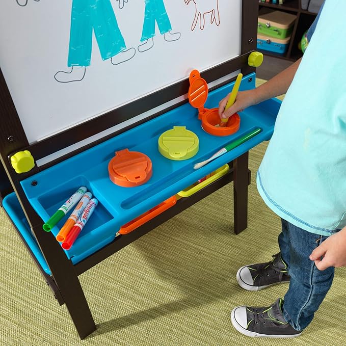 KidKraft Wooden Storage Easel with Dry Erase and Chalkboard Surfaces, Children's Art Furniture - Espresso, Gift for Ages 3+