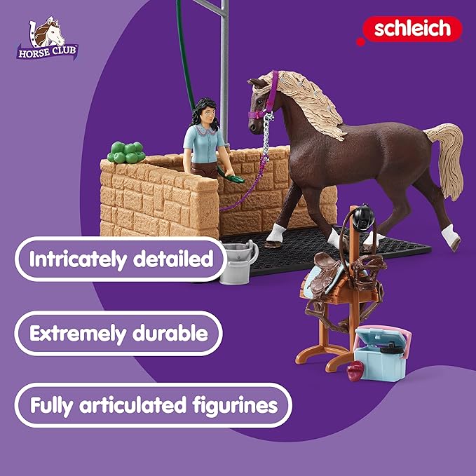 Schleich Horse Club — 19-Piece Equestrian Washing Area Horse Playset with Horse and Rider Figurines, Washing Stall with Moving Swivel Hose Arm, Horse Toys for Girls & Boys Ages 5+
