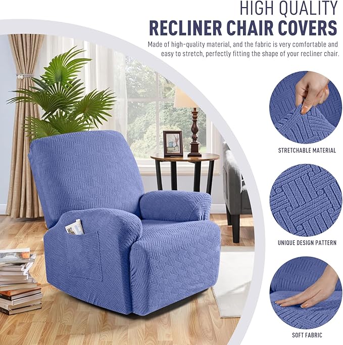 KinCam Recliner Covers, Stretch Reclining Chair Covers, Recliner Sofa Slipcovers Stripe Jacquard Recliner Couch Covers Furniture Protector Covers for Pet Kid (1 Seater, Lake Blue)