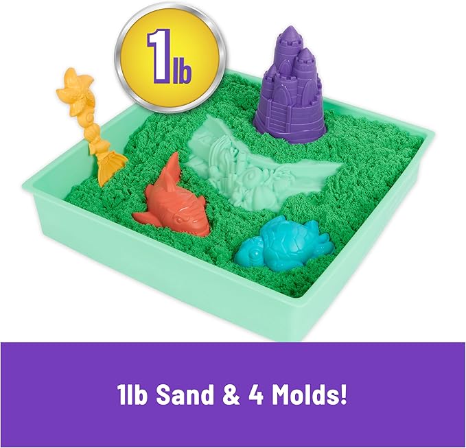 Kinetic Sand, Sandbox Set with 1lb Green Play Sand, 4 Tools & Molds, Storage, Sensory Toys for Kids Ages 3 and up