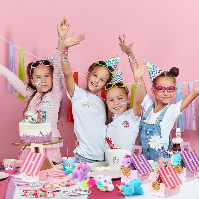 Remuuly Valentines Unicorn Party Favor for Girls Mini Unicorns Stuffed Animals Bulk Plush Keychains Gift Box Bracelet Sticker for Goodie Bag Birthday Students(88 Pcs)