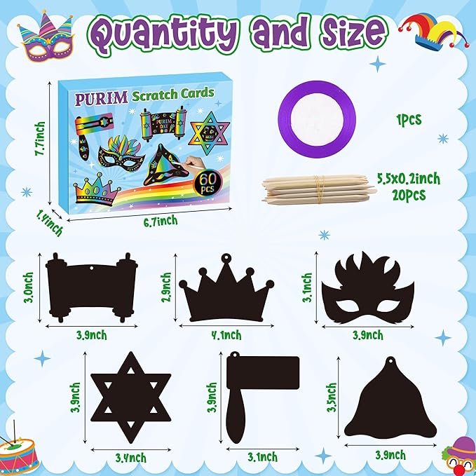 CY2SIDE Purim Day Scratch Cards - 60PCS Jewish Holiday Magic Color Rainbow Paper Bookmarks Craft Kits for Kids Sunday School Classroom Activities Art Project Decorations Religious Easter Party Favor