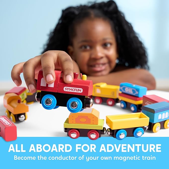 SYNCFUN Montessori Wooden Train Toy Set for Kids, 12PCS Magnetic Train Cars with Storage Gift Box, STEM Educational Toy for Boys & Girls, Ages 2-8 Years, Xmas Birthday Party Gift