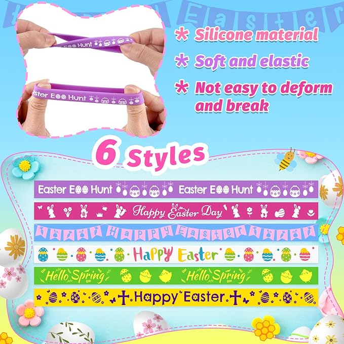 NEBURORA 24 Pcs Easter Rubber Bracelets Bunny Rabbit Egg Chick Flower Carrot Silicone Wristbands for Spring Happy Easter Party Favors Baskets Stuffers Egg Fillers