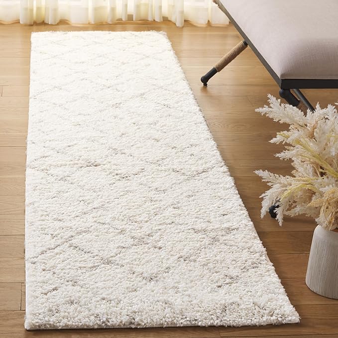 SAFAVIEH Arizona Shag Collection 2'3" x 14' Ivory/Beige ASG743A Moroccan Diamond Non-Shedding 1.6-inch Thick Living Room Dining Entryway Foyer Hallway Runner Rug