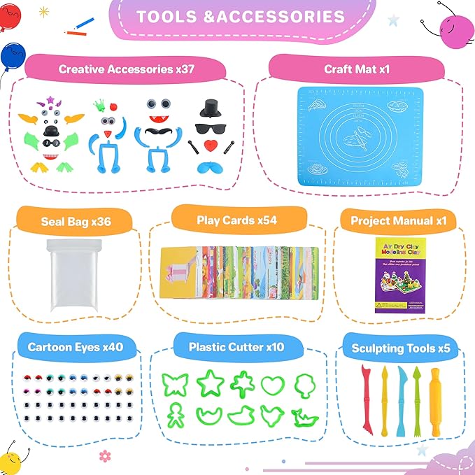 Air Dry Clay 42 Colors, Modeling Clay for Kids, DIY Model Magic Clay, Molding Clay Kit with Sculpting Tools, Non-Sticky Soft and Super Light, Arts and Crafts Gift for Boys Girls Kids.