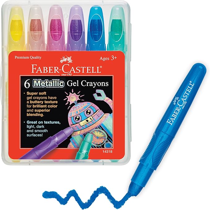 Faber-Castell Metallic Gel Crayons: 6 Vibrant Gel Crayons in Durable Storage Case: Twistable Crayons for Toddler Coloring, Kids Drawing and Arts and Crafts for Ages 3-4+