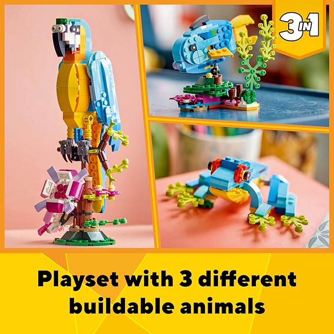 LEGO Creator 3 in 1 Exotic Parrot Building Toy Set, Transforms to 3 Different Animal Figures - from Colorful Parrot, to Swimming Fish, to Cute Frog, Creative Toys for Kids Ages 7 and Up, 31136