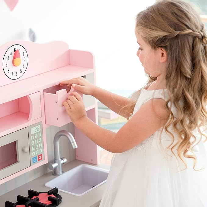 Teamson Kids Little Chef Florence Classic Interactive Wooden Play Kitchen with Accessories and Storage Space for Easy Clean Up, Pink with Gray Accents