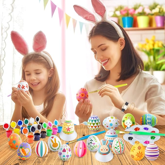 SpringFlower White Easter Eggs Painting Kit-24 Paintable Flocking Eggs with Doodle Kit for DIY Design with Rope for Easter Decoration/ Hunts,Basket Stuffers Fillers