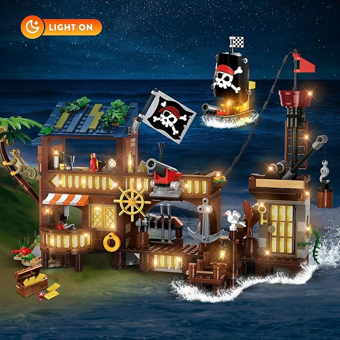 HOGOKIDS Pirate Ship House Building Set with LED Light - 3 Style Modes Pirate Wharf Supply Center Building Block Set, 781PCS STEM Bricks Kit for Kids Girls Boys Ages 6-12+ Birthday Gifts