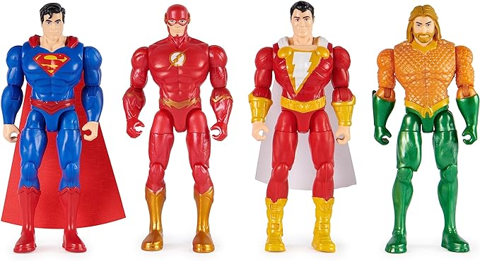 DC Comics, Action Figures 4-Pack, Superman, The Flash, Shazam!, Aquaman 4-inch Figures, Accessories, Superhero Kids Toys for Boys and Girls, Ages 3+