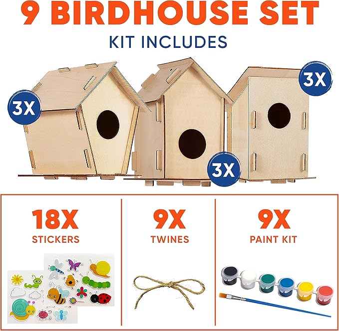 9 DIY Bird House Kits For Children to Build - Wood Birdhouse Kits For Kids to Paint - Unfinished Wood Bird Houses to Paint for Kids - Wood Craft Project Kits - Summer Crafts for Girls & Boys