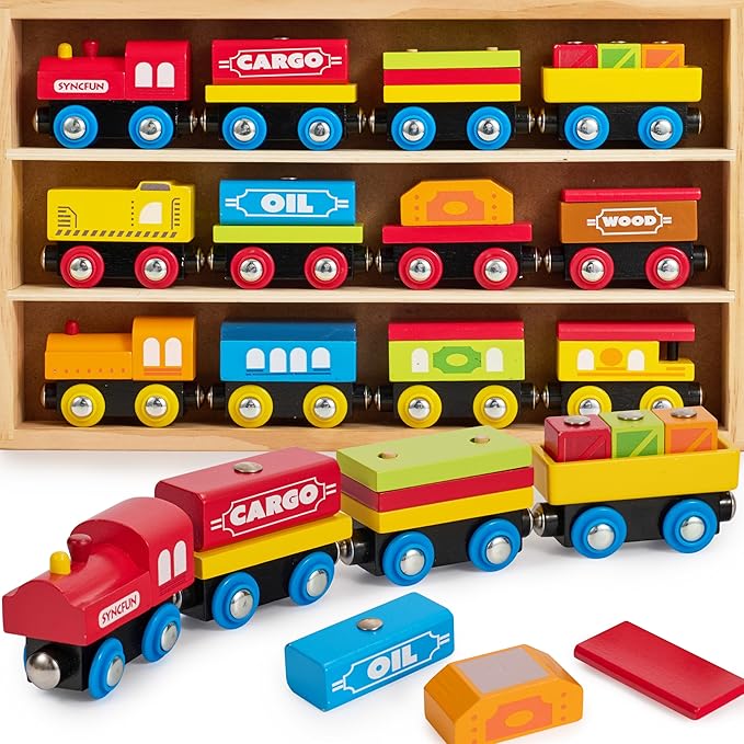 SYNCFUN Montessori Wooden Train Toy Set for Kids, 12PCS Magnetic Train Cars with Storage Gift Box, STEM Educational Toy for Boys & Girls, Ages 2-8 Years, Xmas Birthday Party Gift