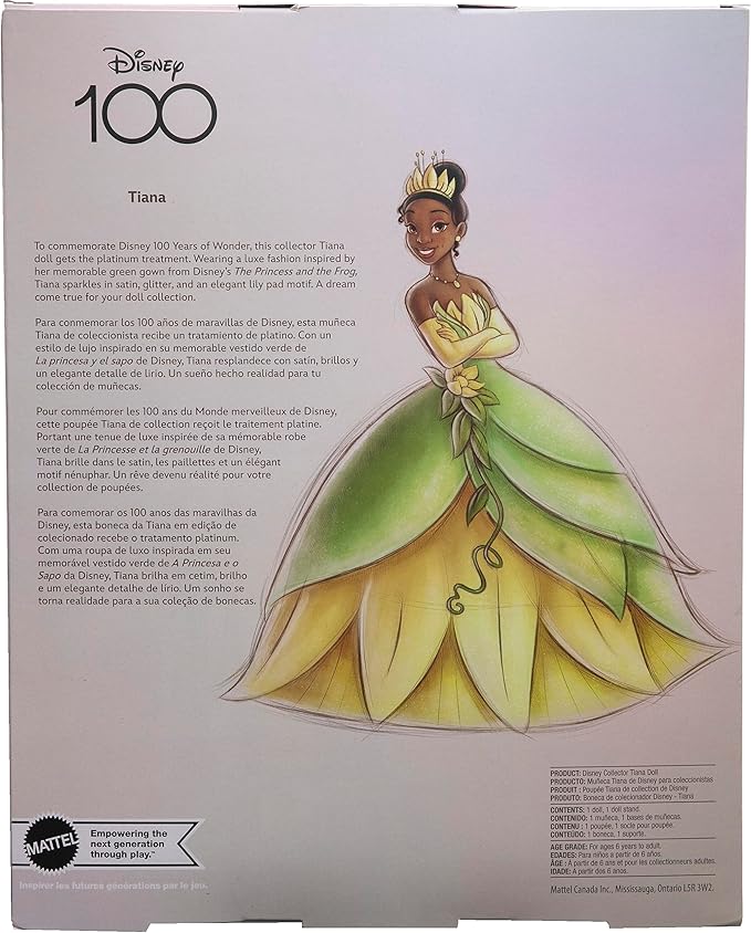 Mattel Disney Princess Toys, Collector Tiana Doll Celebrating Disney 100 Years of Wonder, Inspired by the Movie The Princess & The Frog