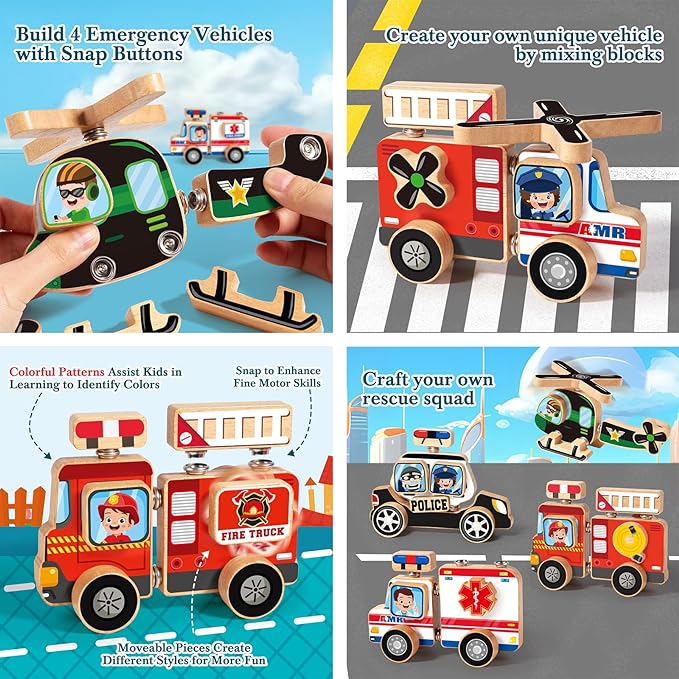 HUZU Emergency Vehicles 3D Puzzle Toy, Rescue Squad Wooden Snap Button Connection Building Blocks for Kids 3-8, Fire Truck Ambulance Police Car Helicopter Montessori Gifts for Preschool Children