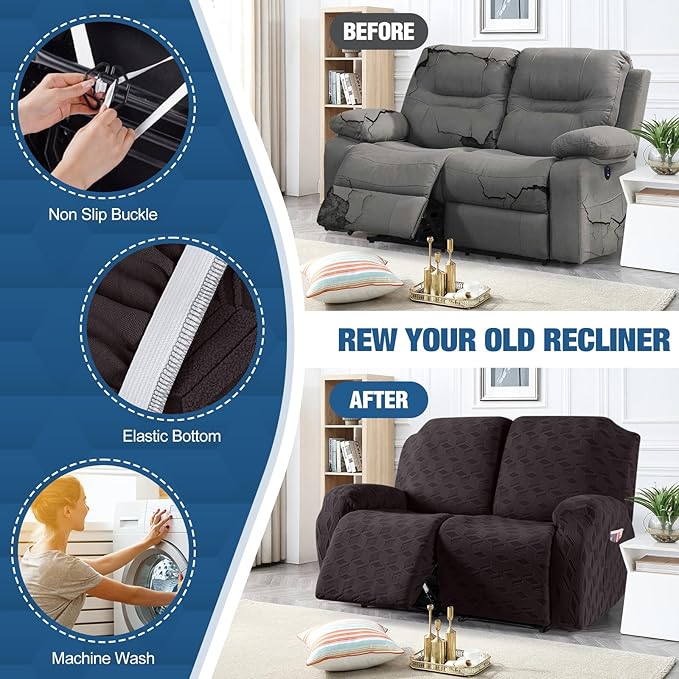 TAOCOCO Recliner Loveseat Cover, Stretch Jacquard Reclining Loveseat Cover Furniture Protector Sofa Slipcovers 2 Seat Recliner Covers with Elastic Bottom for Kids, Pets (Chocolate)