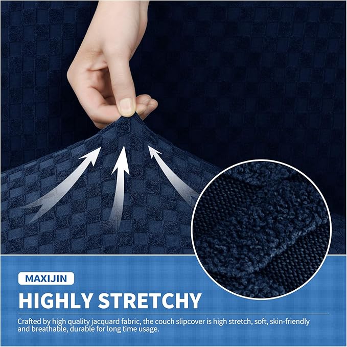 MAXIJIN 3 Piece Stretch Couch Covers for 2 Cushion Couch Sofa Slipcovers with 2 Extra Large Seat Cushion Couch Jacquard Loveseat Sofa Couch Cover for Dogs (2 Cushion Sofa, Navy Blue)