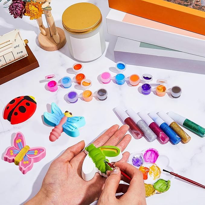 60 Pcs Plaster Painting Party Favors for Kids Birthday Party Supplies Animal Crafts for Kids DIY Painting Statues with Magnet Brushes Palette Organza Bag for Art Party Favor Bags(Insect)